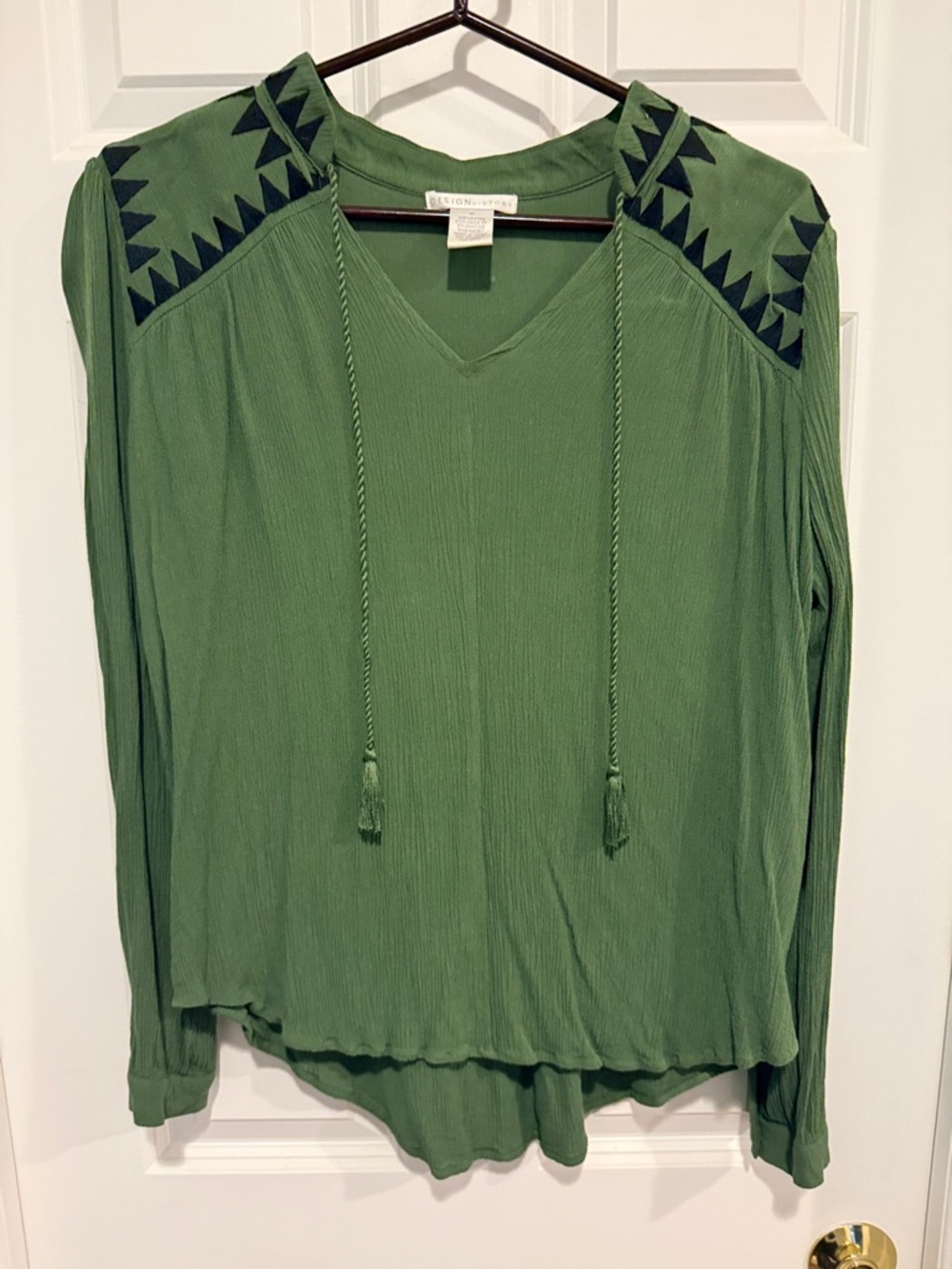 Design History Olive Green V-Neck Tassel Blouse with Navy Embroidery